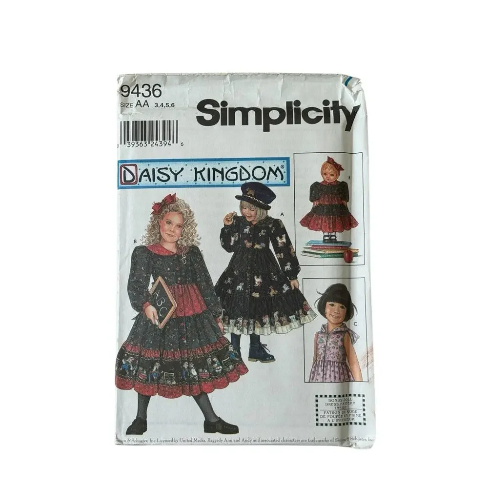 Simplicity 9436 Sewing Pattern Daisy Kingdom Girls 3 - 6 UNCUT 18” Doll Dress